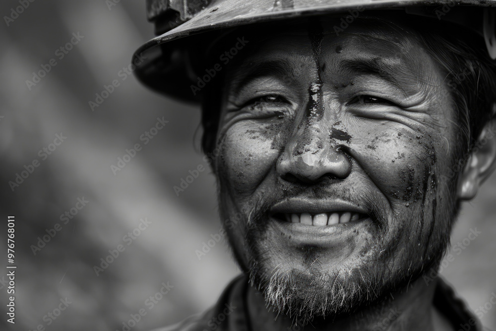 Iron worker, facial close-up, black and white photo Iron worker, facial close-up, black and white photo