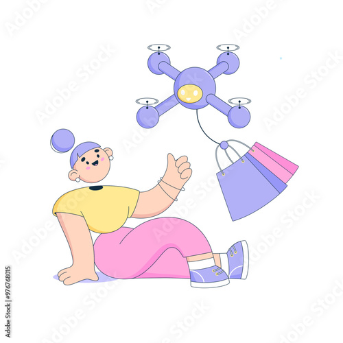 Drone delivers ordered goods to sitting woman