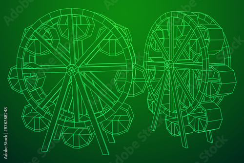 Ferris wheel spinning amusement park. Wireframe low poly mesh vector illustration.