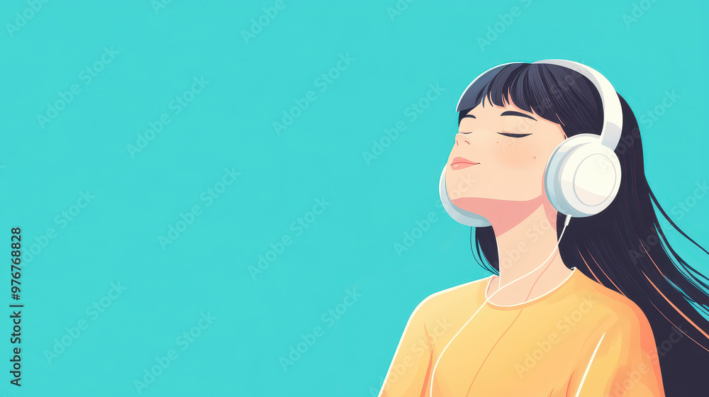 Φωτογραφία A vibrant animestyle portrait of a young girl lost in her music, illustrated with modern flat textures and playful colors