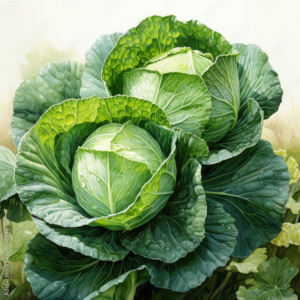 Fototapeta premium Watercolor Cabbage Illustration, Generative Ai