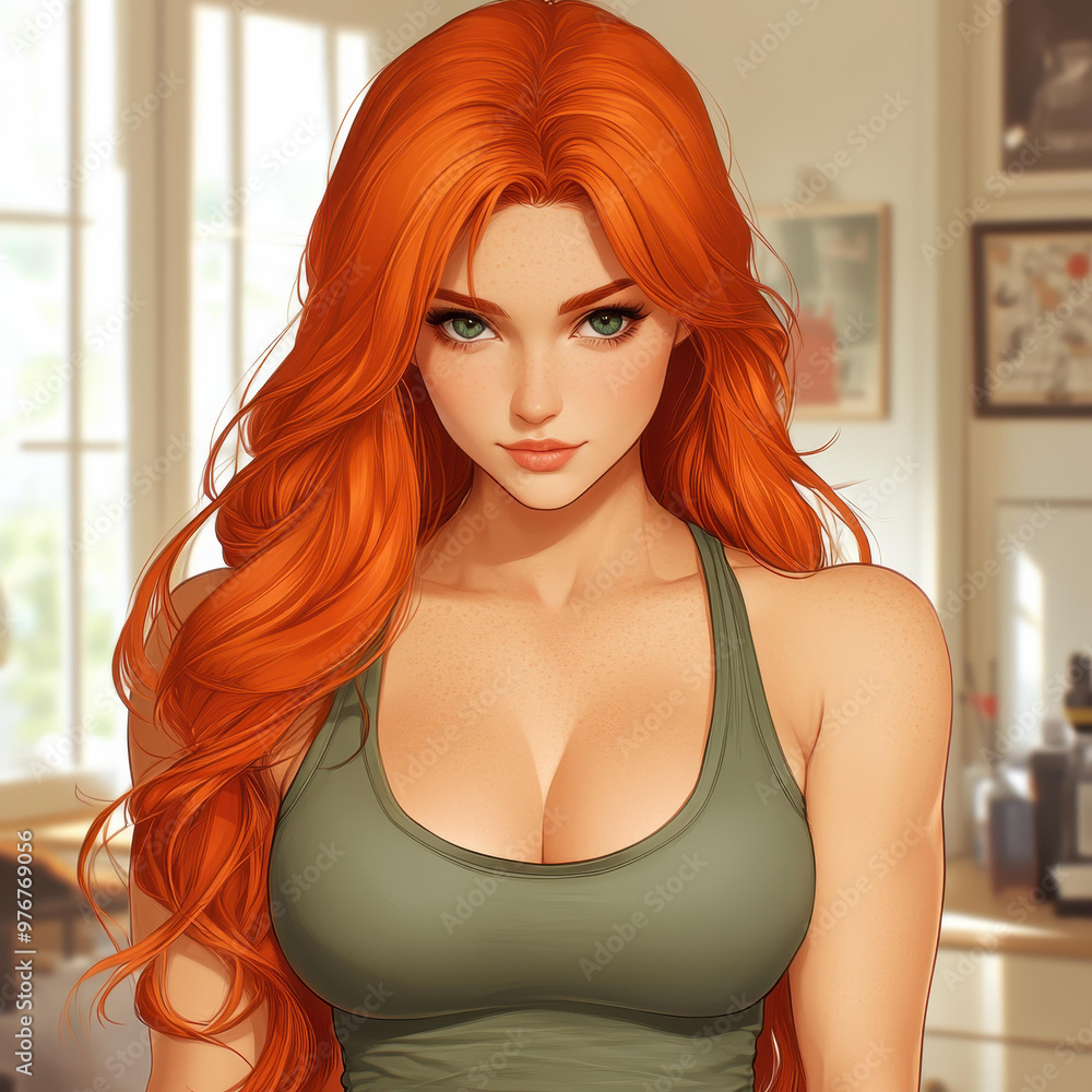 A striking photorealistic image of a girl with flowing red hair, dressed in a casual tank top, exuding confidence. A striking photorealistic image of a girl with flowing red hair, dressed in a casual tank top, exuding confidence.