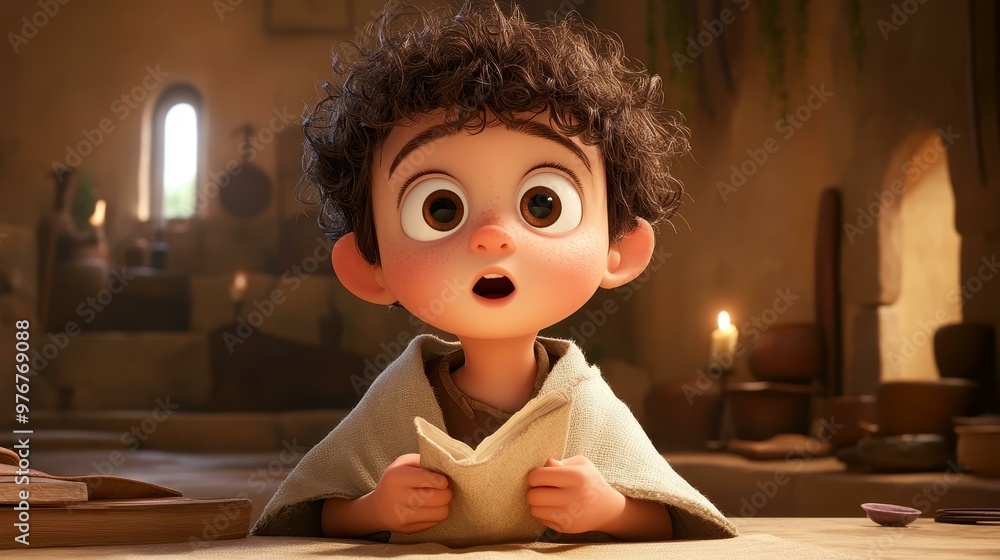 Φωτογραφία A cute toddler with curly hair and big eyes plays wearing a sackcloth tunic, embracing the charm of biblical times