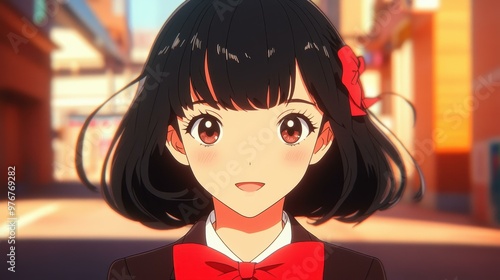 A vibrant anime scene showcases a tanskinned girl with a sleek black bob, dressed in a classic high school uniform. photo