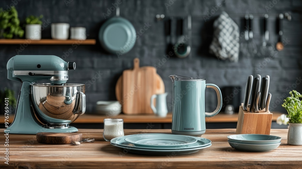 Stylish Modern Kitchen with Electric Blender and Ceramic Dishware, Utensils on Wooden Table