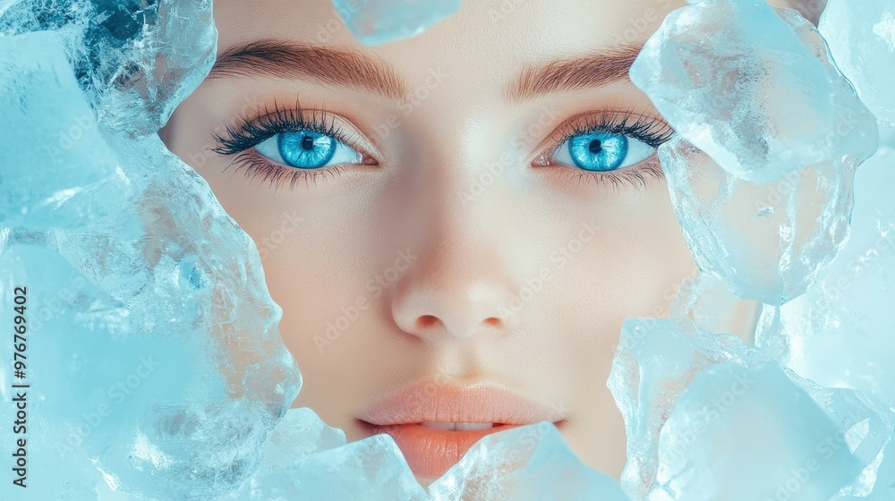 Φωτογραφία A striking closeup portraying a womans frozen face, her piercing blue eyes capture the essence of beauty and solitude