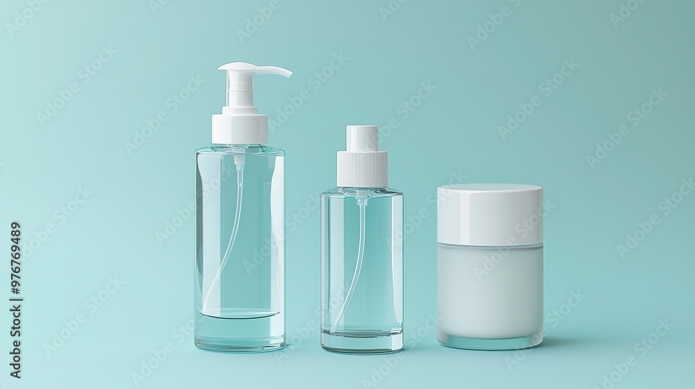 Three White and Clear Glass Bottles with Liquid on a Blue Background Three White and Clear Glass Bottles with Liquid on a Blue Background