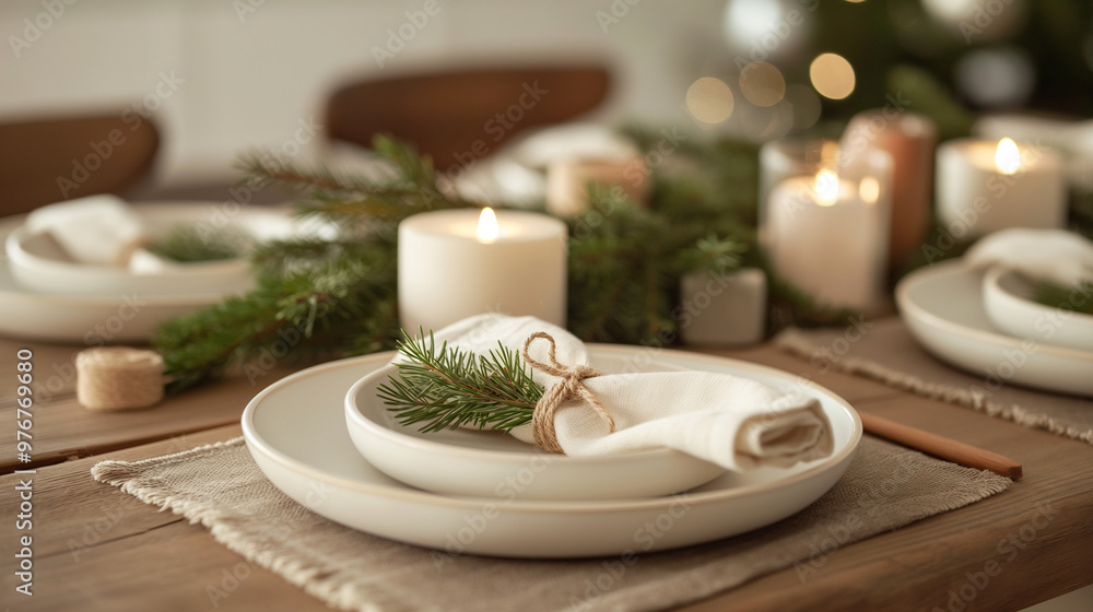 Festive table setting with white plates, candles, and pine branches for a cozy holiday atmosphere with copy space Festive table setting with white plates, candles, and pine branches for a cozy holiday atmosphere with copy space