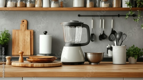 Stylish Modern Kitchen with Electric Blender and Ceramic Dishware, Utensils on Wooden Table