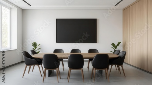 Large, empty boardroom with minimalistic furniture and an open, spacious layout, emphasizing simplicity and functionality Spacious boardroom, Minimalist office layout