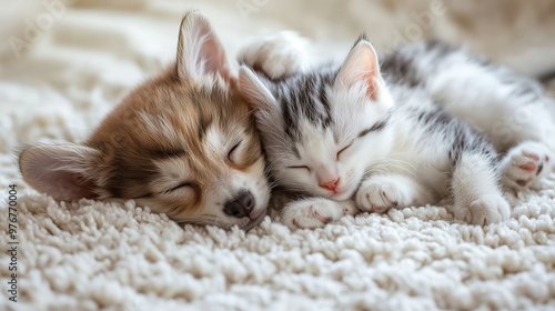 A puppy and a kitten cuddli...