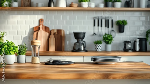 Wallpaper Mural Stylish Modern Kitchen with Electric Blender and Ceramic Dishware, Utensils on Wooden Table Torontodigital.ca