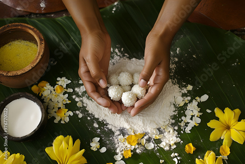 A woman prepares traditional rice balls on a banana leaf for Indian ritual ceremony. photo