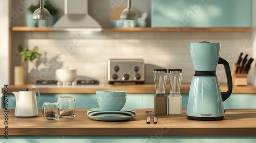 Wallpaper Mural Stylish Modern Kitchen with Electric Blender and Ceramic Dishware, Utensils on Wooden Table Torontodigital.ca