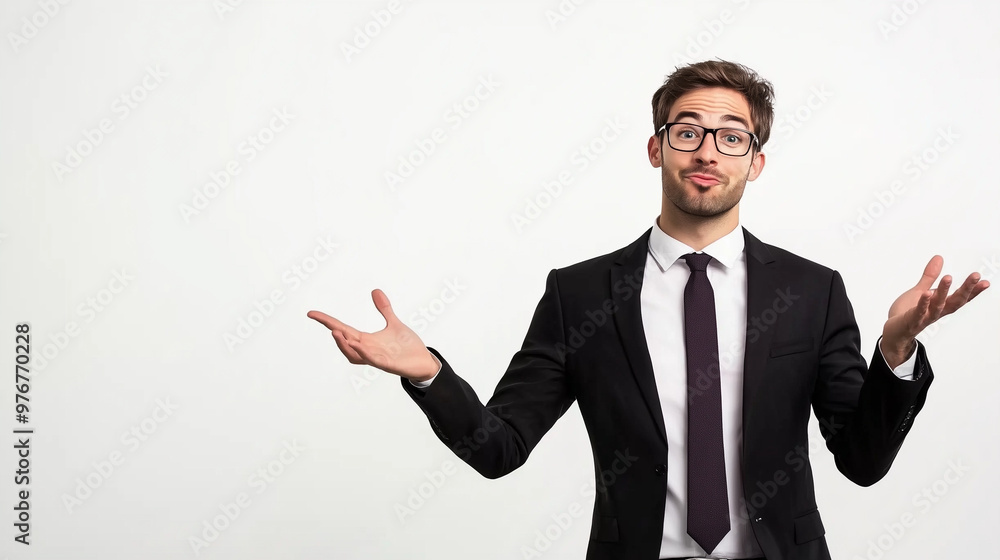 Confident Businessman Shrugging with Open Hands Confident Businessman Shrugging with Open Hands