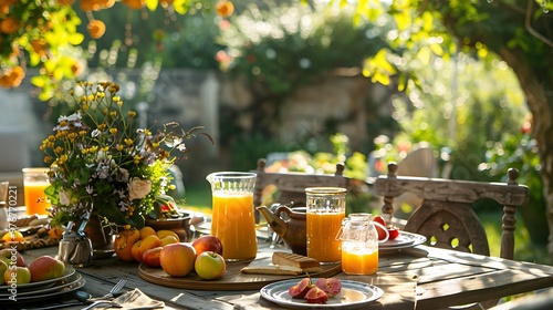 A beautiful patio meal in a garden such as apple juice fruit