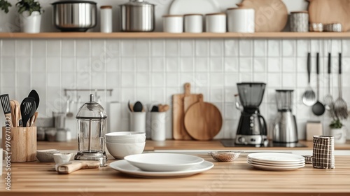 Stylish Modern Kitchen with Electric Blender and Ceramic Dishware, Utensils on Wooden Table