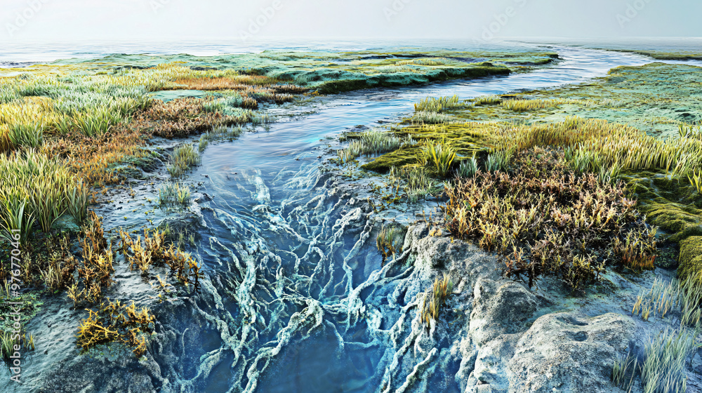 A visual of the effects of climate change on river ecosystems with altered flow patterns and ecosystem disruption. A visual of the effects of climate change on river ecosystems with altered flow patterns and ecosystem disruption.