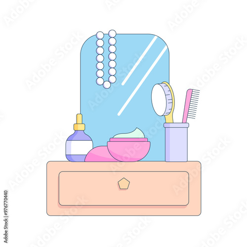 Vanity mirror with face cream, hairbrush and comb