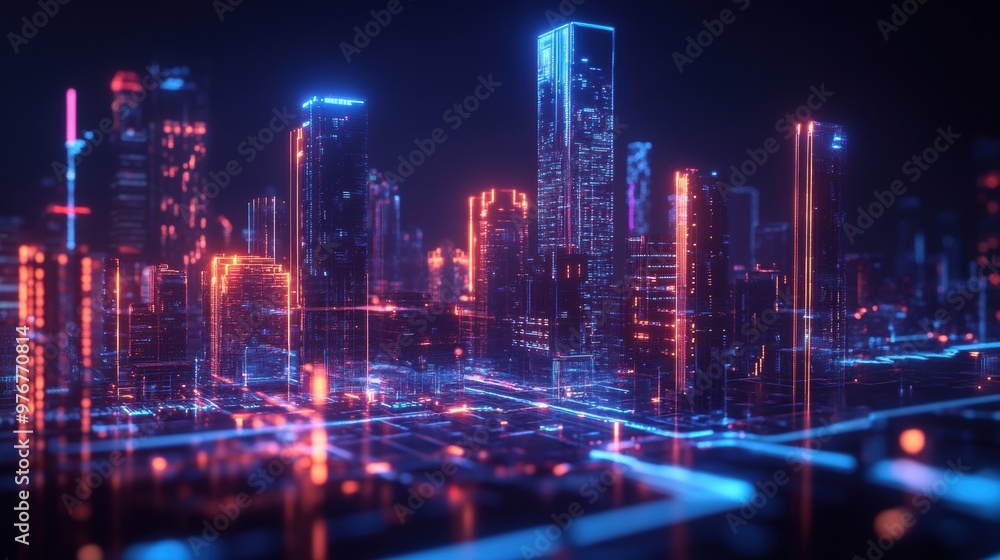 Futuristic cityscape with digital grids and holographic streams
Futuristic cityscape with digital grids and holographic streams
