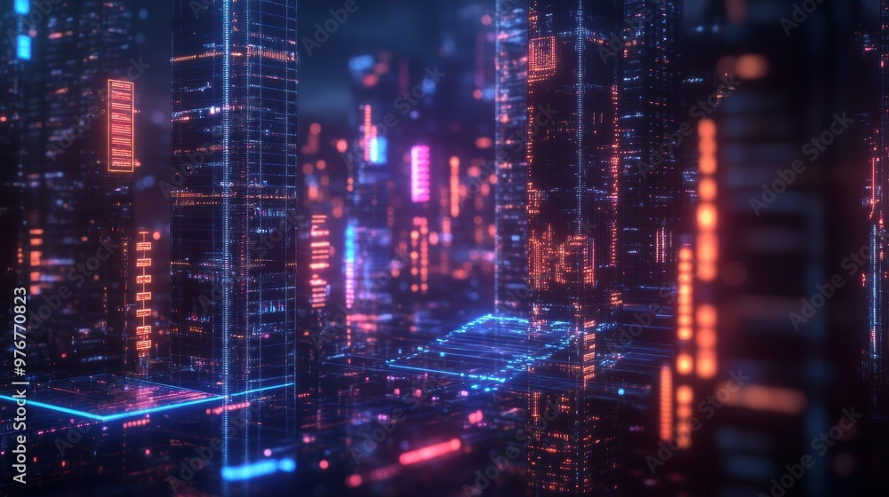 Futuristic cityscape with digital grids and holographic streams
Futuristic cityscape with digital grids and holographic streams