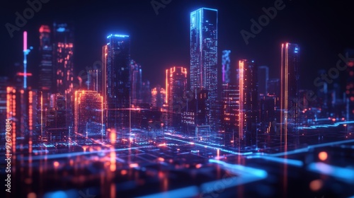 Futuristic cityscape with digital grids and holographic streams 