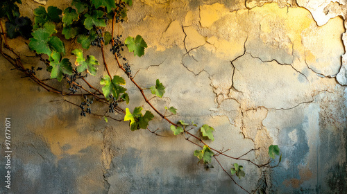 Old cracked wall with dry grape vine coming from the ceiling. Copy space.