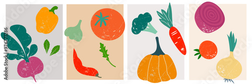 A set of various organic hand drawn illustration of paper cut vegetables.