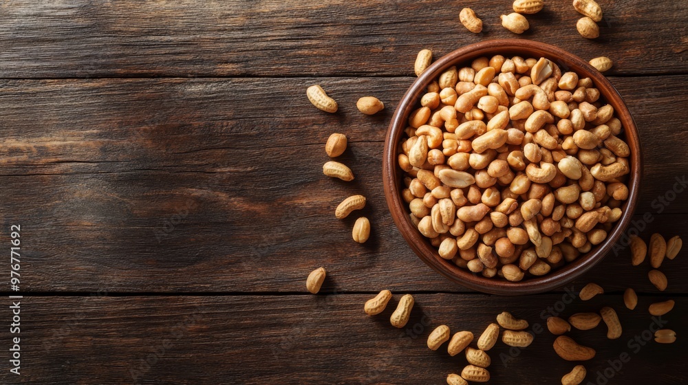 14. Bowl of freshly roasted and salted peanuts, surrounded by scattered peanuts, with a rustic wooden background 14. Bowl of freshly roasted and salted peanuts, surrounded by scattered peanuts, with a rustic wooden background