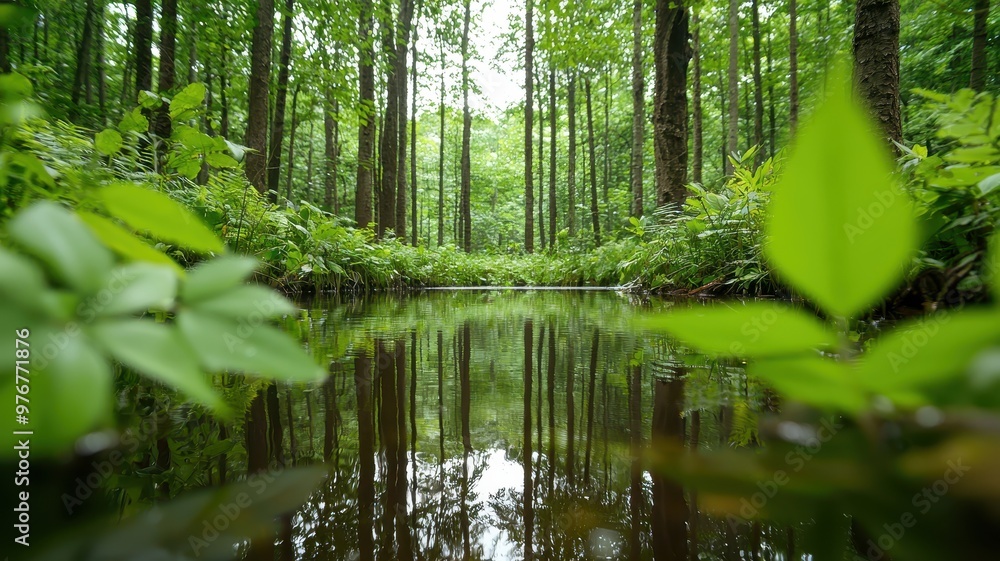 Serene forest scene with lush green leaves and still water reflecting the trees, creating a peaceful natural atmosphere. Serene forest scene with lush green leaves and still water reflecting the trees, creating a peaceful natural atmosphere.