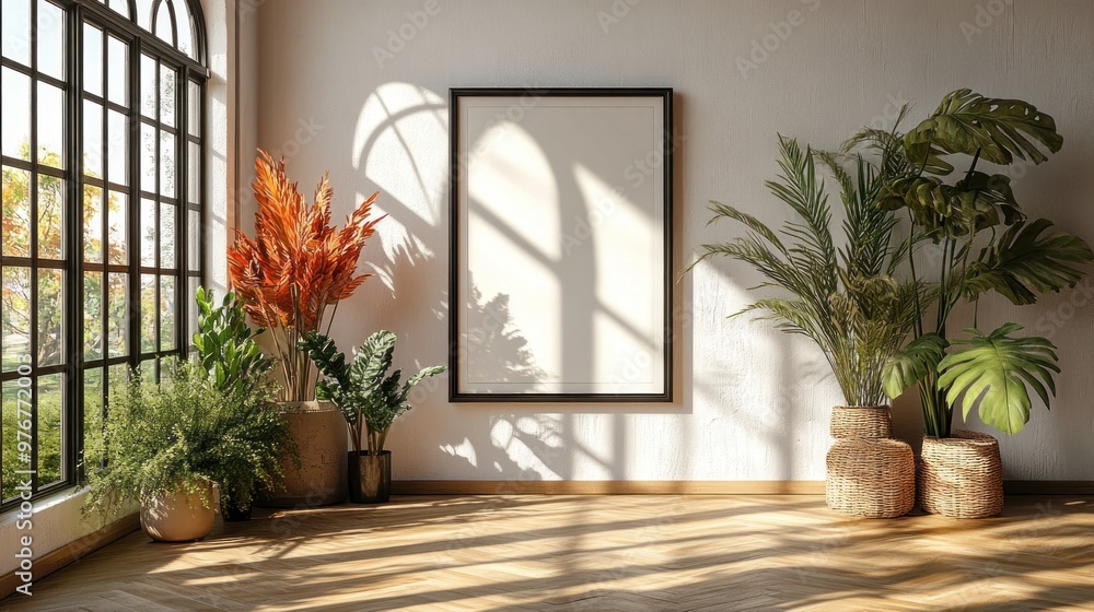 Bright interior with plants and a blank frame for artwork. Bright interior with plants and a blank frame for artwork.