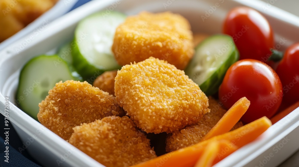 21. Close-up of a takeaway container filled with golden, crispy breaded chicken nuggets, accompanied by fresh vegetables like cherry tomatoes, cucumber slices, and carrot sticks