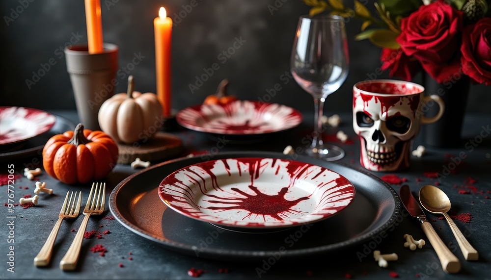 Zombie-Themed Tableware with Bloody Handprints and Eerie Bone Decorations Zombie-Themed Tableware with Bloody Handprints and Eerie Bone Decorations