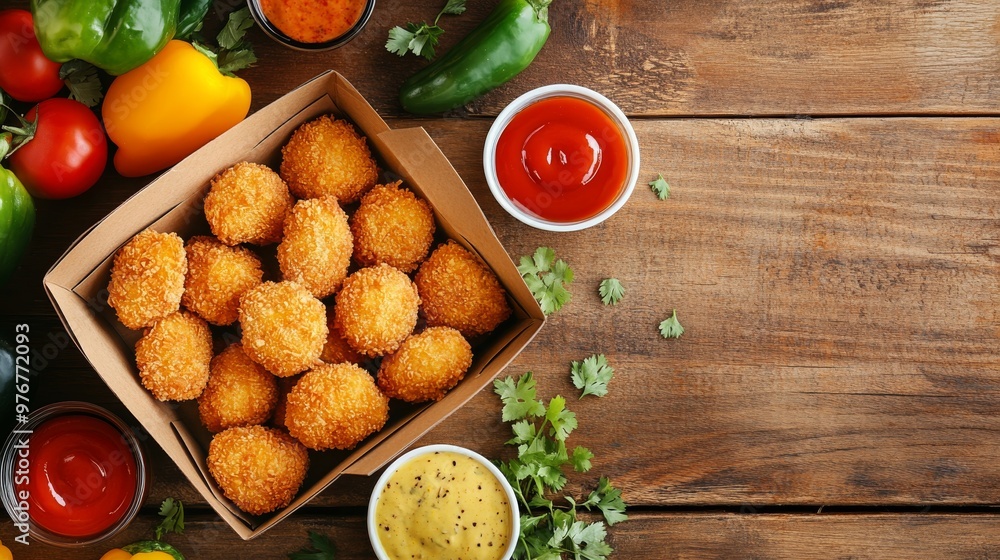 22. High-angle shot of a rustic wooden table with a takeaway box of fried breaded chicken nuggets, surrounded by colorful fresh vegetables and dipping sauces 22. High-angle shot of a rustic wooden table with a takeaway box of fried breaded chicken nuggets, surrounded by colorful fresh vegetables and dipping sauces