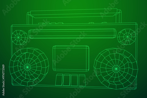 Retro Boombox outdated portable cassette tape recorder. Wireframe low poly mesh vector illustration.