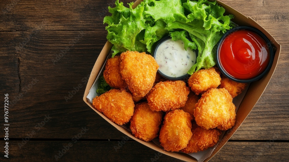 24. Top view of a takeaway meal featuring golden chicken nuggets with a side of fresh veggies and dipping sauces, presented on a wooden table 24. Top view of a takeaway meal featuring golden chicken nuggets with a side of fresh veggies and dipping sauces, presented on a wooden table