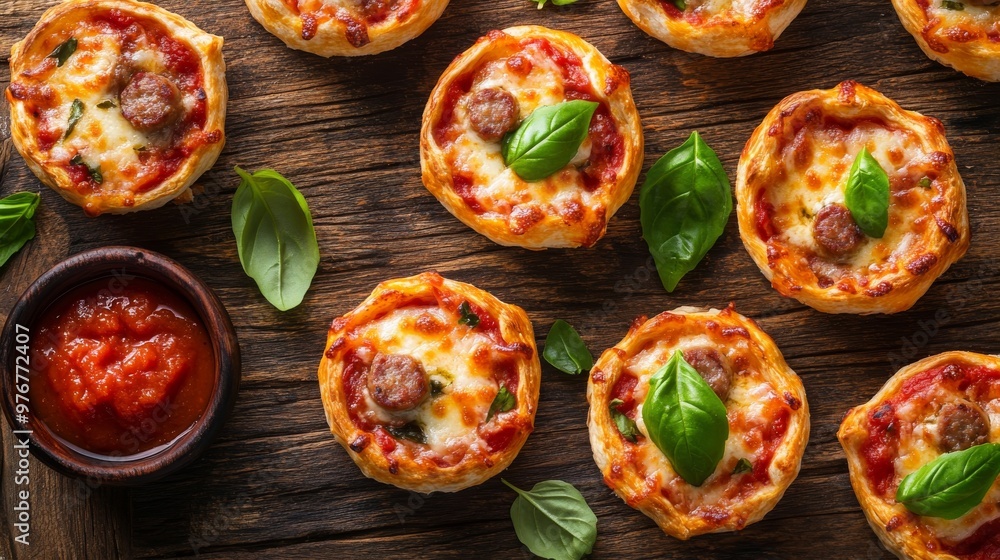 29. Top view of several mini deep-dish pizzas with sausage and cheese, arranged on a wooden table, with basil leaves and a side of tomato sauce 29. Top view of several mini deep-dish pizzas with sausage and cheese, arranged on a wooden table, with basil leaves and a side of tomato sauce