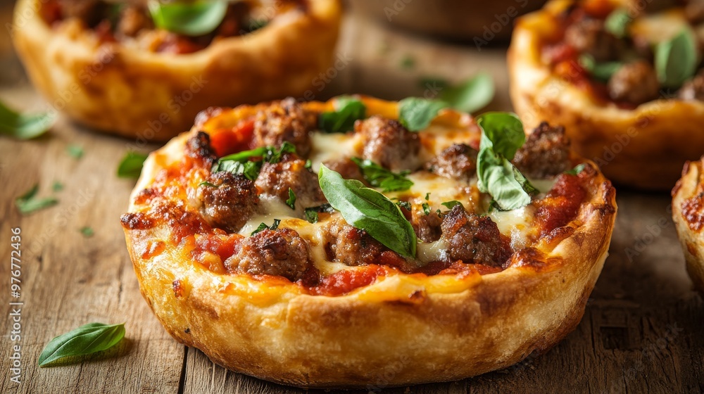 30. Close-up of a homemade mini deep-dish pizza with sausage, melted cheese, and rich tomato sauce, garnished with fresh basil, on a rustic wooden surface 30. Close-up of a homemade mini deep-dish pizza with sausage, melted cheese, and rich tomato sauce, garnished with fresh basil, on a rustic wooden surface