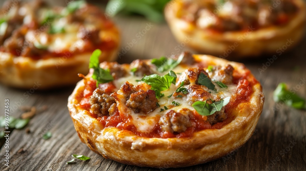 30. Close-up of a homemade mini deep-dish pizza with sausage, melted cheese, and rich tomato sauce, garnished with fresh basil, on a rustic wooden surface 30. Close-up of a homemade mini deep-dish pizza with sausage, melted cheese, and rich tomato sauce, garnished with fresh basil, on a rustic wooden surface
