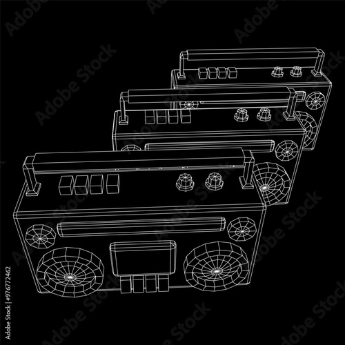 Retro Boombox outdated portable cassette tape recorder. Wireframe low poly mesh vector illustration.