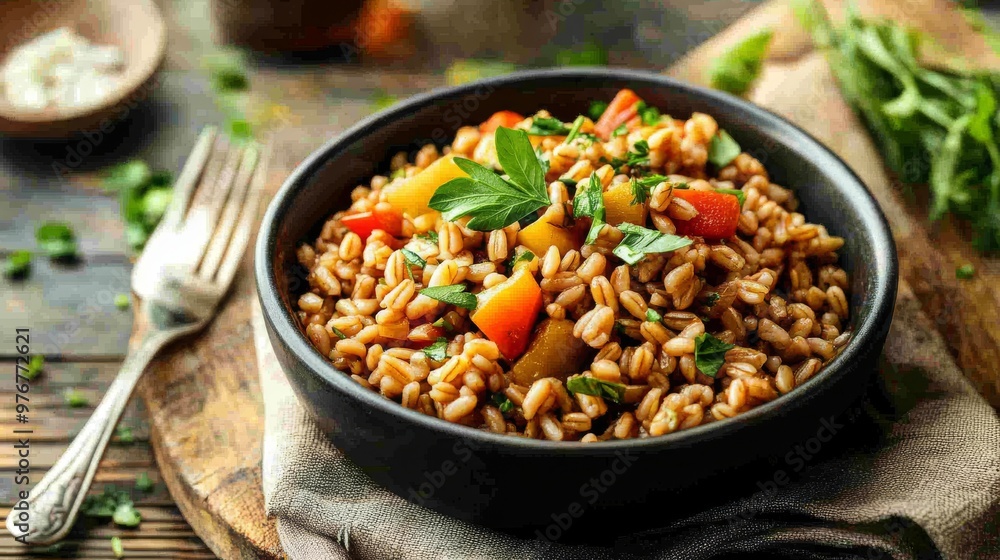34. Bowl of tender organic farro grain, served with sauteed vegetables and a sprinkle of herbs, displayed on a rustic wooden board with a fork and napkin 34. Bowl of tender organic farro grain, served with sauteed vegetables and a sprinkle of herbs, displayed on a rustic wooden board with a fork and napkin