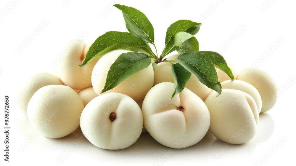 36. Close-up of a collection of fresh white peaches with vibrant green leaves, isolated on a pristine white background 36. Close-up of a collection of fresh white peaches with vibrant green leaves, isolated on a pristine white background