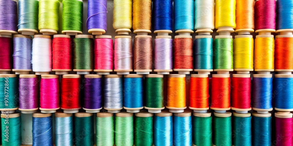 Colorful spools of thread in a creative display , sewing, craft, textile, vibrant, rainbow, sewing supplies Colorful spools of thread in a creative display , sewing, craft, textile, vibrant, rainbow, sewing supplies