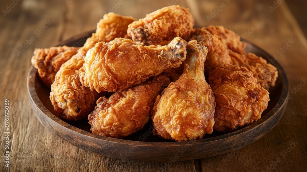 47. High-angle view of a platter of fried chicken on a wooden surface, highlighting the crispy skin and juicy interior 47. High-angle view of a platter of fried chicken on a wooden surface, highlighting the crispy skin and juicy interior
