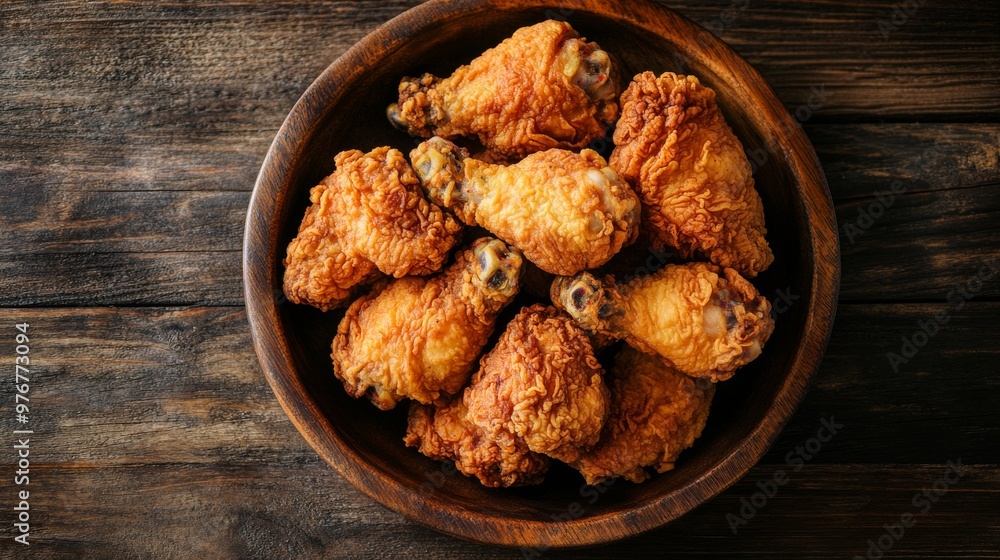 47. High-angle view of a platter of fried chicken on a wooden surface, highlighting the crispy skin and juicy interior 47. High-angle view of a platter of fried chicken on a wooden surface, highlighting the crispy skin and juicy interior