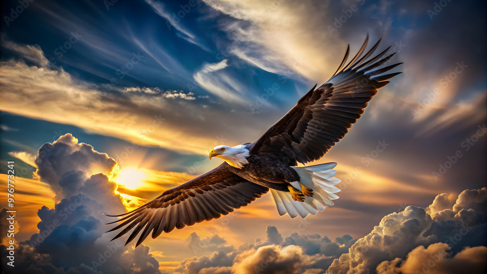 Fototapeta premium Majestic black headed eagle soaring through the sky , nature, wildlife, bird of prey, feathers, majestic, flying, wild, hunter