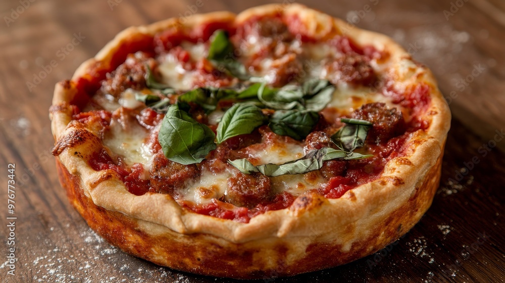 57. High-angle view of a wooden table with a homemade mini deep-dish pizza, showcasing layers of sausage, cheese, and tomato sauce, garnished with fresh basil leaves 57. High-angle view of a wooden table with a homemade mini deep-dish pizza, showcasing layers of sausage, cheese, and tomato sauce, garnished with fresh basil leaves