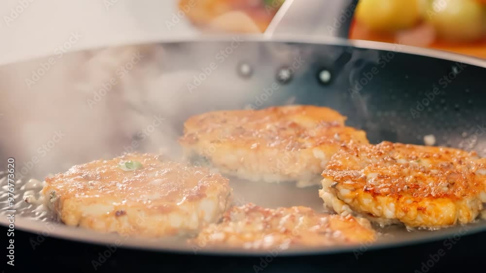 Sizzling homemade salmon patties in a frying pan with steam Sizzling homemade salmon patties in a frying pan with steam