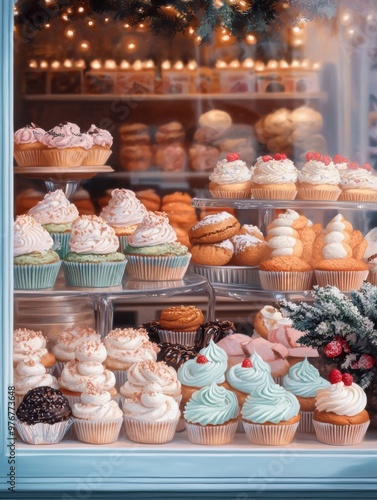 Bakers arranging colorful cookies and cupcakes in bakery window 