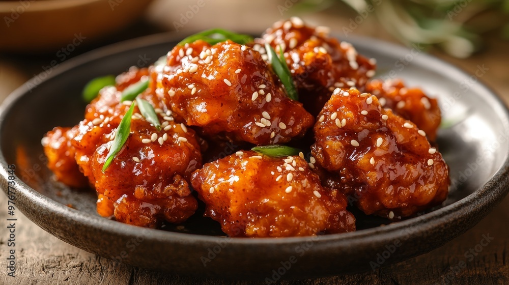 68. Detailed shot of Korean-style fried chicken with a rich sweet and sour sauce, garnished with sesame seeds and scallions, on a ceramic plate 68. Detailed shot of Korean-style fried chicken with a rich sweet and sour sauce, garnished with sesame seeds and scallions, on a ceramic plate